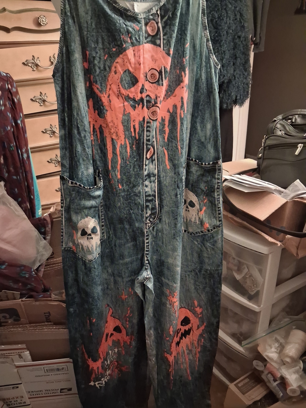 New, 3d Print Distressed Denim Jumpsuit with Halloween Orange Skull Print Size M